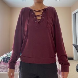 Maroon criss cross tie sweater